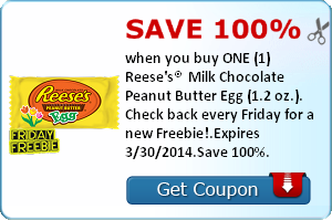 Save 100% when you buy ONE (1) Reese's®  Milk Chocolate Peanut Butter Egg (1.2 oz.). Check back every Friday for a new Freebie!.Expires 3/30/2014.Save 100%.